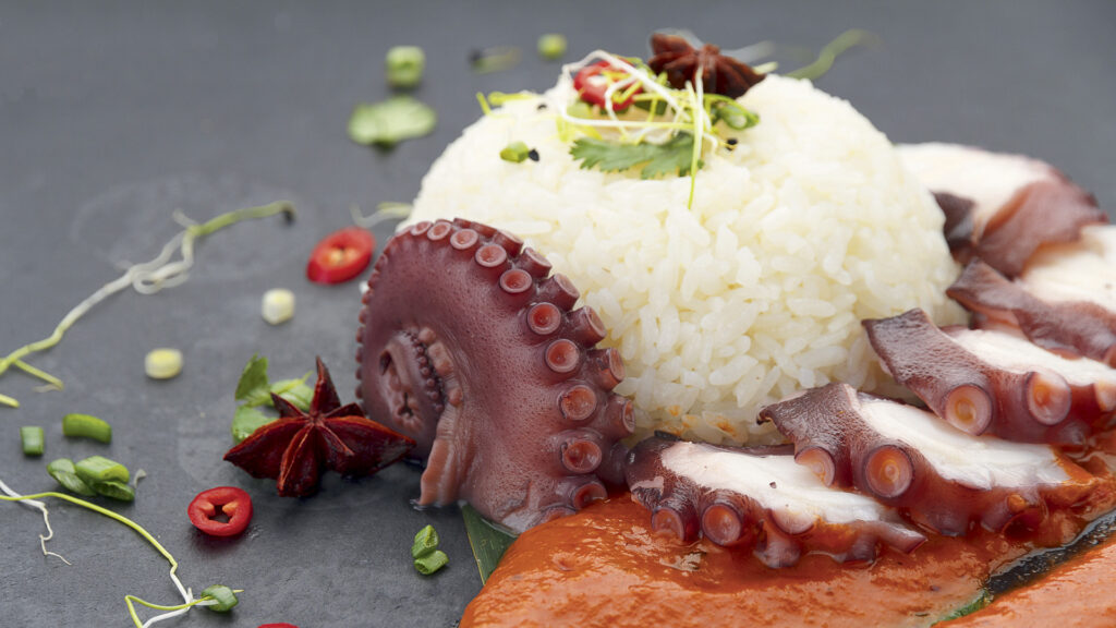 A Creole dish of octopus and curry sauce with rice.